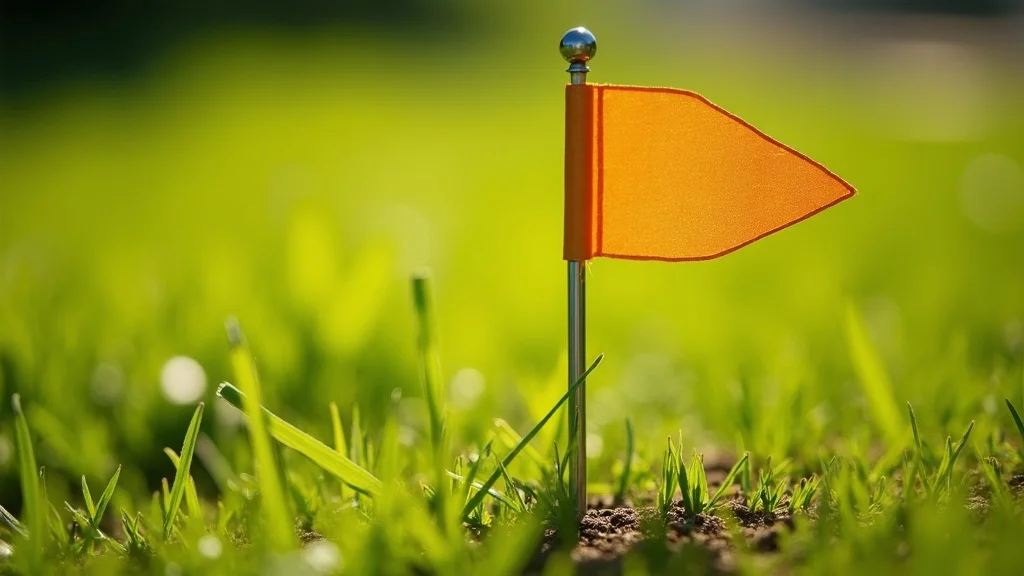 Property corner marker close-up - clear metal survey pin with survey flag, Massachusetts land boundary, Lakeville, land surveyor near me