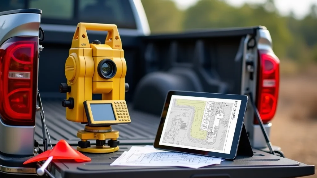 Modern survey equipment and digital plans on Lakeville worksite - surveyor near me, surveying technology, professional land survey