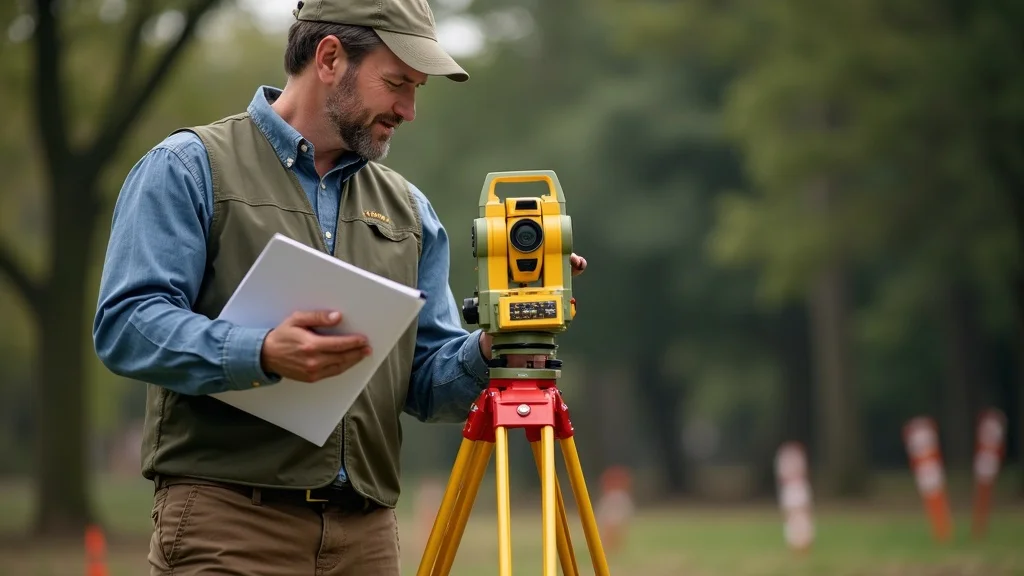 Professional land surveyor in Massachusetts using surveying equipment at property boundary site