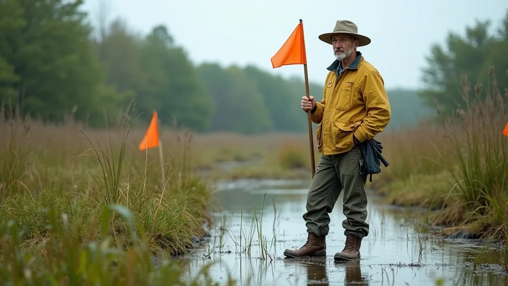 Environmental surveyor marking wetland boundary in Lakeville, MA with flagging pole, showcasing expert wetland mapping services under MassDEP regulations.
