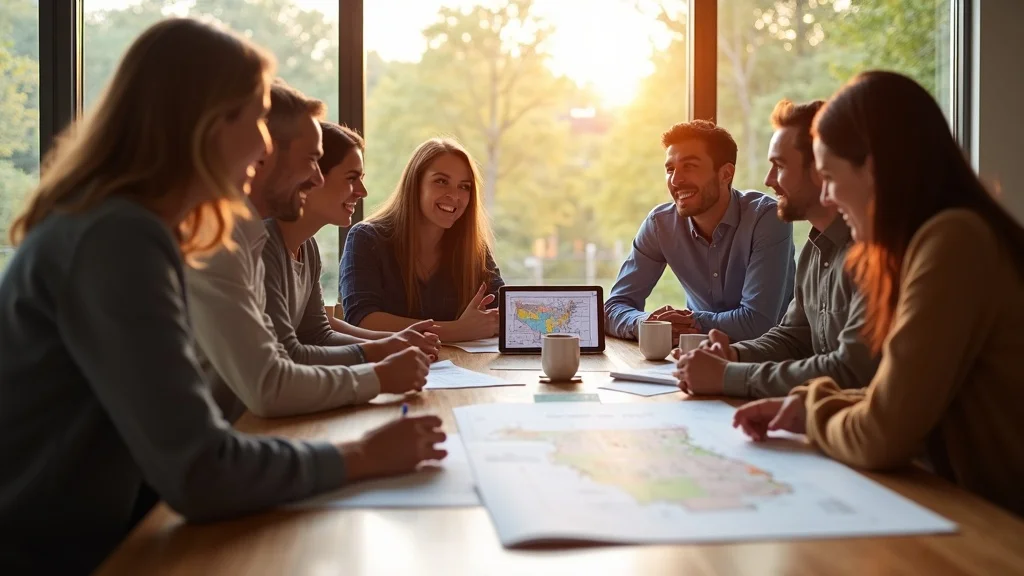 Friendly, professional survey team in Lakeville, MA meeting to review land survey plans and digital maps for project enablement. Sunlit room, Massachusetts landscape visible.
