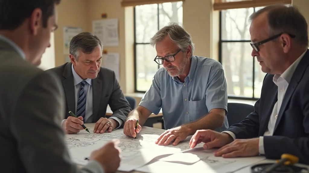 Experienced Massachusetts land surveyor collaborating with town officials in a Lakeville, MA office reviewing site plans and zoning maps, ensuring compliance and precise land survey documentation