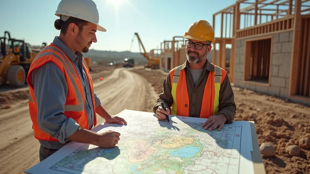 Topographic survey near me: Civil engineer and manager review an overlaid topographic map amid colorful design and construction features at a Lakeville building site.
