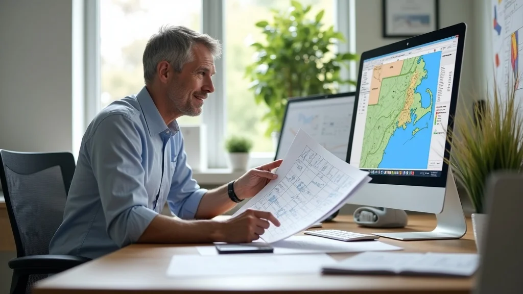 Professional land surveyor in Lakeville, MA reviewing digital CAD site plans and cost estimates for land surveying services in Massachusetts office environment.
