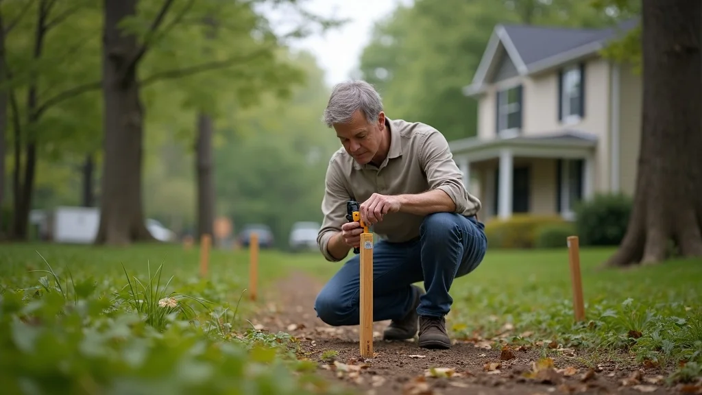 Professional land surveyor marking a property boundary in Lakeville, MA, ensuring survey cost accuracy and compliance