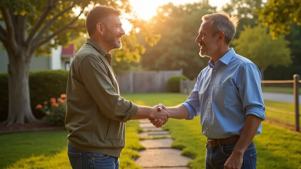 Satisfied homeowner and local land surveyor shaking hands at a freshly surveyed Lakeville property, property markers visible, showcasing success and trust in land survey services