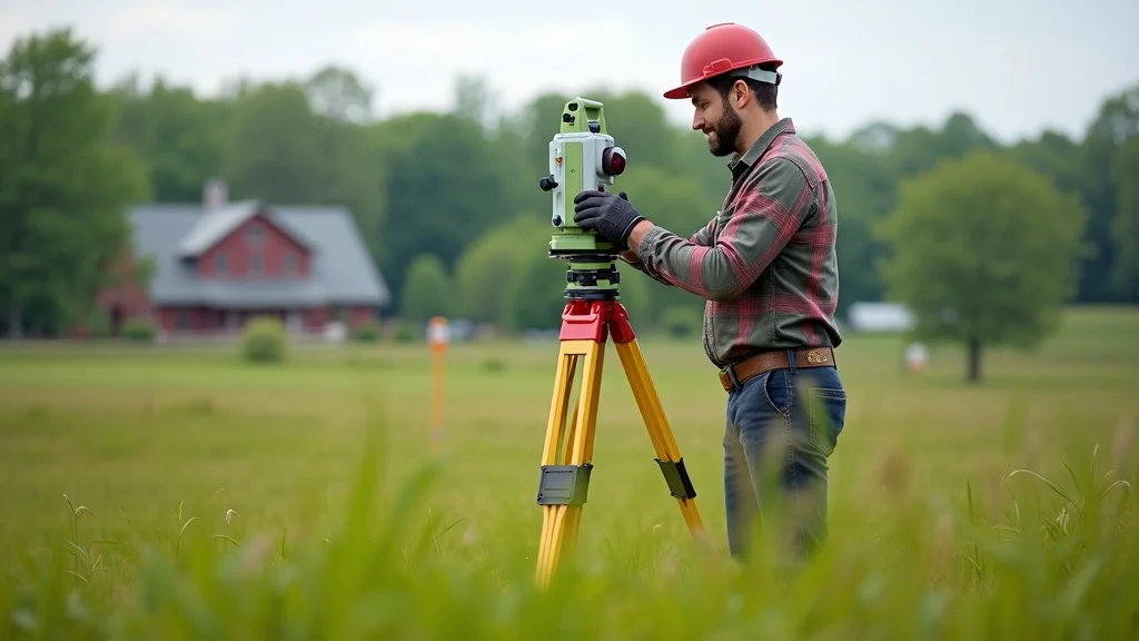 Modern land surveyor in Lakeville, MA setting up a GNSS receiver on grassy terrain, ensuring accurate land surveying services, farmhouse in background.