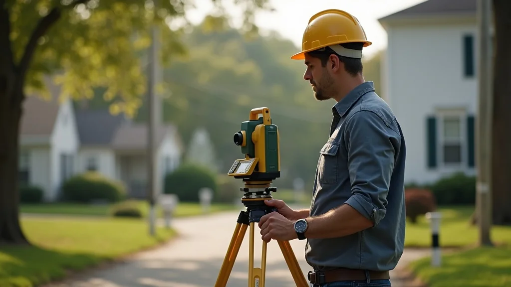 Professional local land surveyor at work with survey equipment in Lakeville, MA neighborhood, showing survey markers and Colonial-style homes, supporting land survey accuracy and compliance