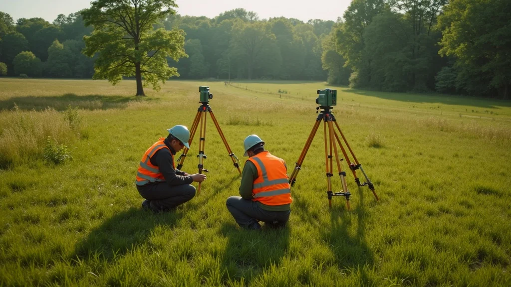 Topographic survey near me: Surveying crew using total stations in Lakeville, MA, on grassy landscape with measuring rods and vests under clear daylight.