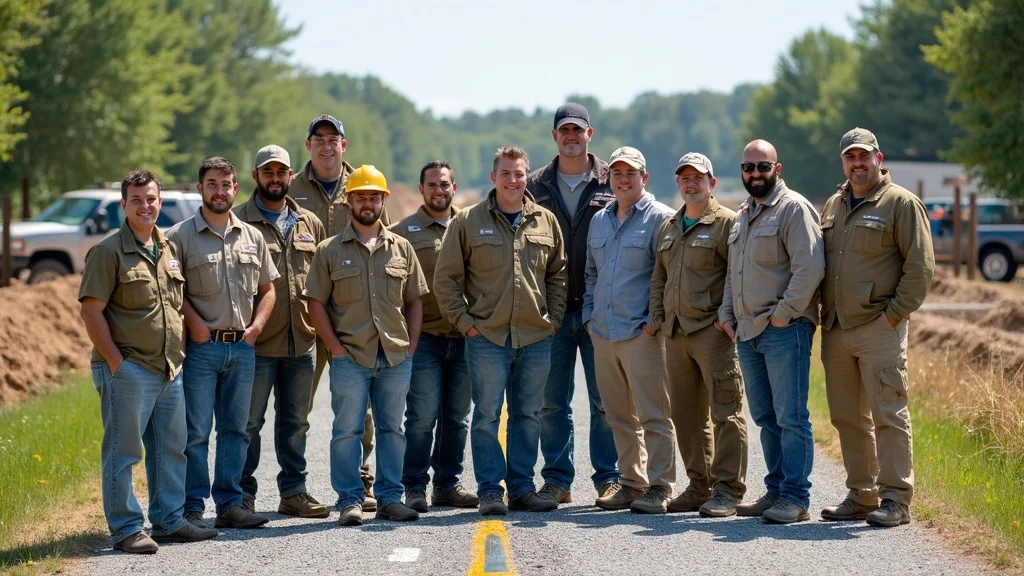 Land surveyors near me: Friendly licensed land survey team on a Lakeville project site with branded trucks, survey flags, and construction in background.