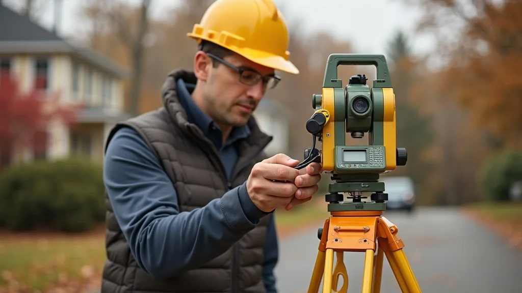 A man wearing a yellow hard hat and glasses operates a surveying instrument mounted on a tripod outdoors, with houses and trees visible in the background.