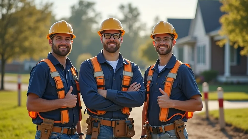 Team of trustworthy, licensed land surveyors at Lakeville, MA property boundary project site with survey markers and equipment