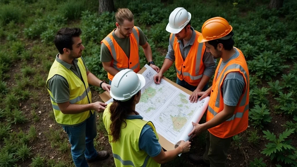Diverse land survey team in a Massachusetts field using surveying equipment and consulting topographic maps, focused on site accuracy. Survey rods, blueprints, autumn forest in background.