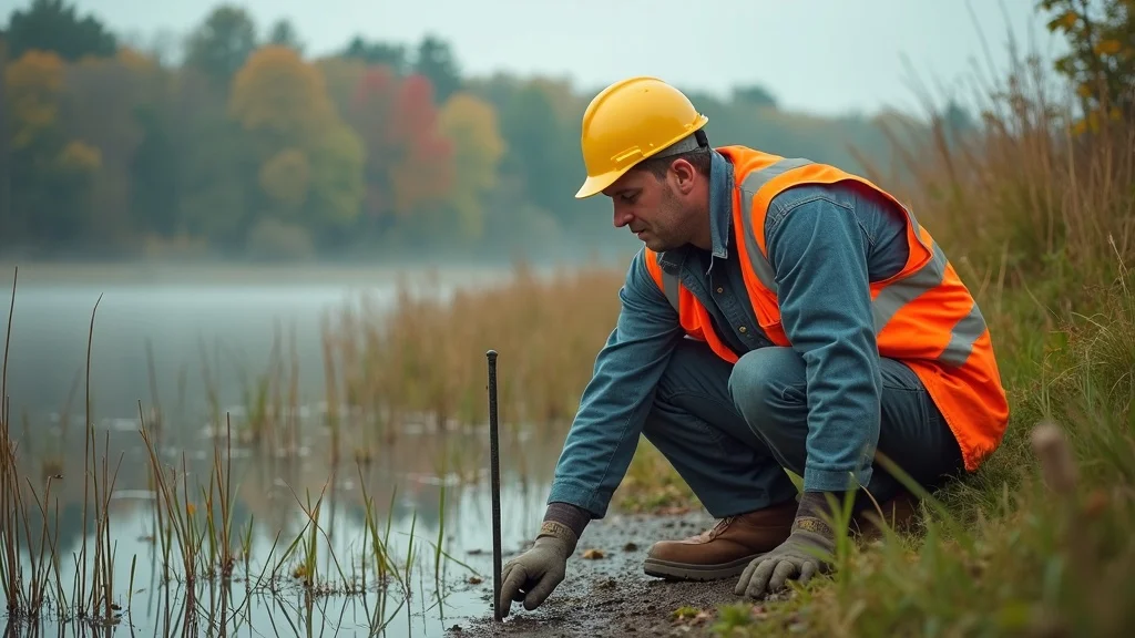 Local land surveyor working at a Lakeville, MA wetland site, carefully placing survey stakes beside tall grasses, showcasing environmental compliance and wetlands expertise