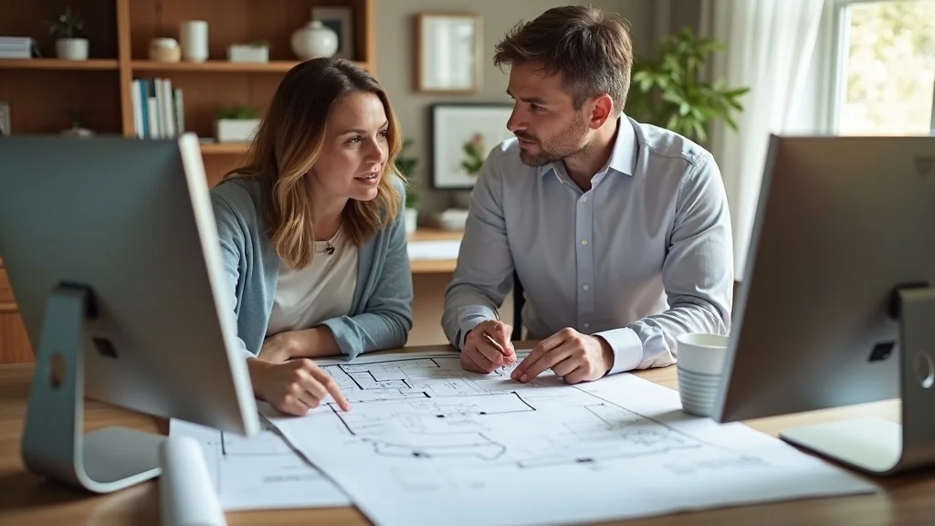 Two people sit at a desk between two monitors, looking at each other and discussing architectural blueprints spread out in front of them in a modern office setting.