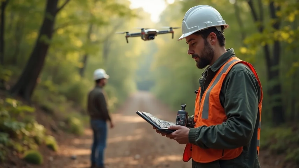 Surveyor performing detailed topographic survey with GPS and drone on wooded Lakeville, MA land, elevation markers and data display visible, exemplifying accuracy for engineering and site planning
