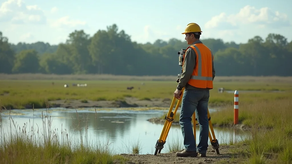 Land surveyor with GPS rover marking wetland boundary near a construction site in rural Massachusetts for land survey for construction