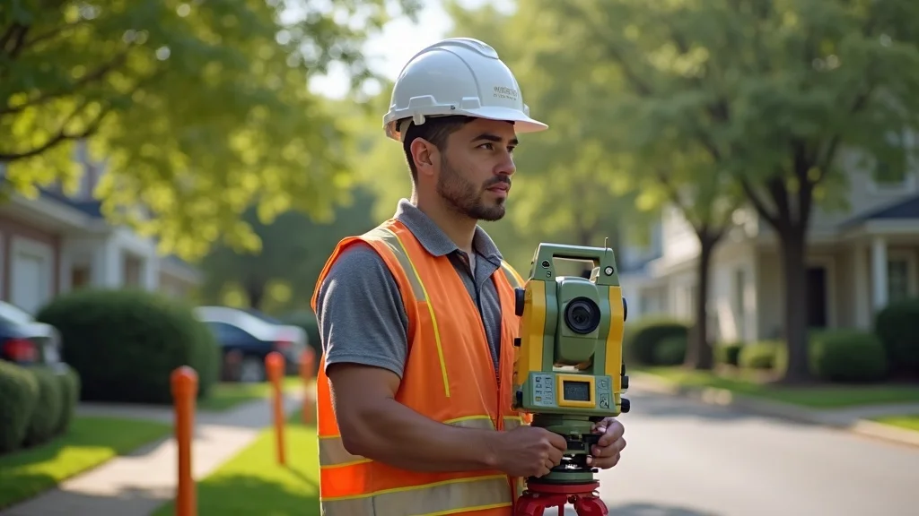 Professional land surveyor using modern GPS equipment on a suburban Lakeville, MA property, operating total station equipment with surveyed boundary markers, bright survey vests, and technical gear under midday natural lighting