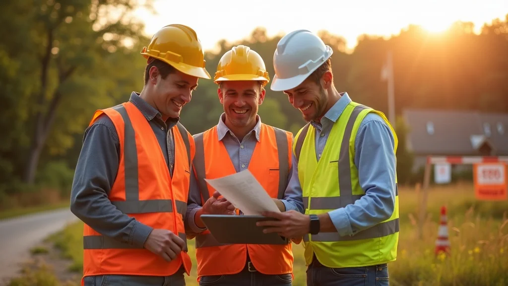 Lakeville, MA surveyor team reviewing digital results on data collector onsite, demonstrating field-tested survey equipment effectiveness