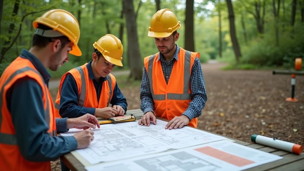 Three construction workers in orange safety vests and yellow helmets review plans on a table in a forest, discussing a project surrounded by trees and dirt paths.