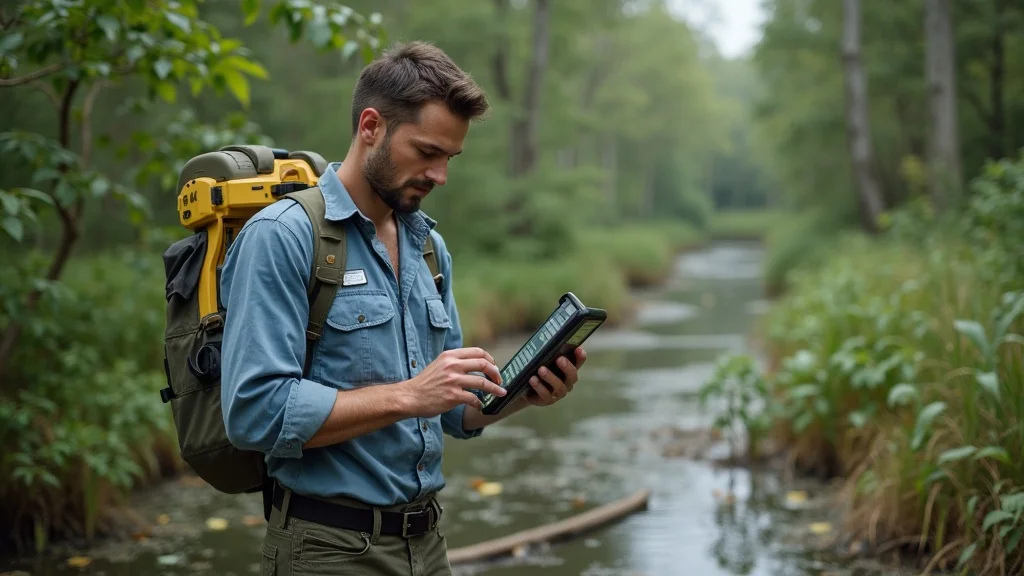 Professional surveyor using advanced GNSS receiver by Lakeville wetland boundary, illustrating regulatory-compliant land survey equipment in Massachusetts wetlands