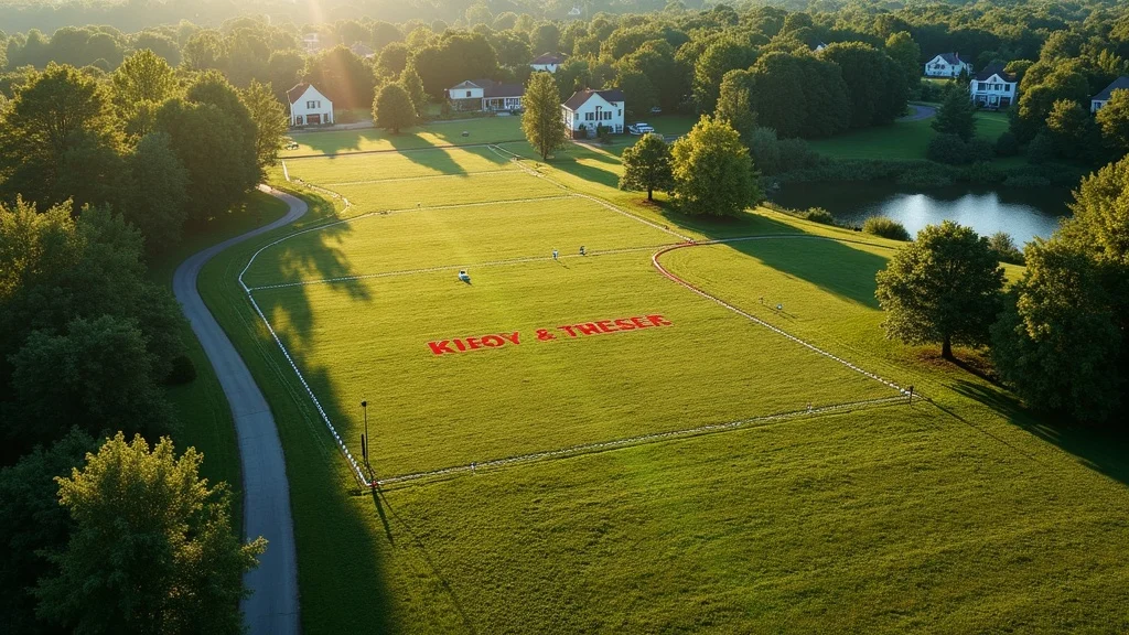 Aerial view of a property being surveyed with survey markers and boundary flags visible for land survey for construction in Lakeville, MA