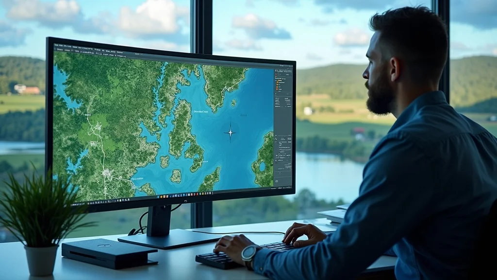 Surveyor reviewing digital topographic survey map showing Lakeville, MA terrain on large office monitor, with GIS and contour lines visible
