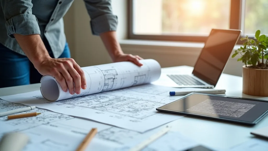 Architect reviewing land survey for construction plans in a modern office, displaying CAD drawings and site plans for Lakeville, MA