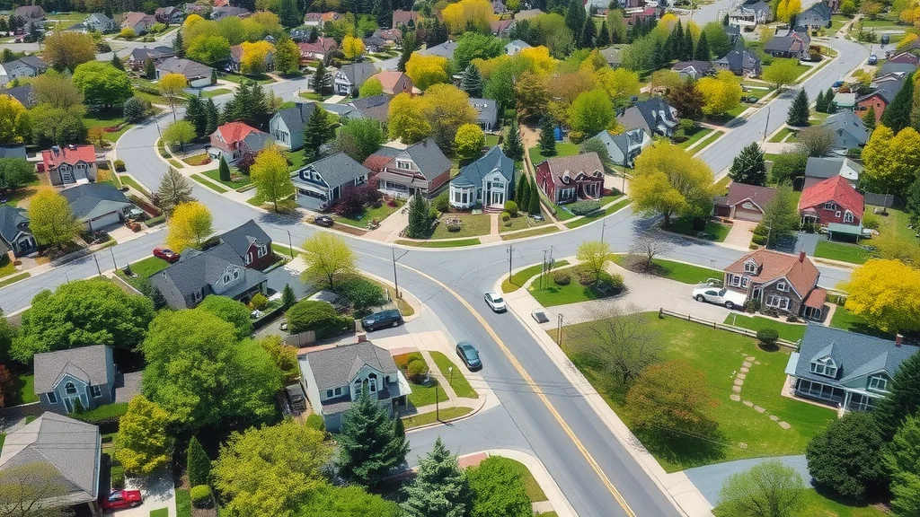 Aerial view of diverse Massachusetts neighborhood with property boundaries, showing land survey types and costs