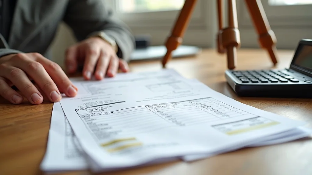 Stack of survey invoices and calculator with surveyor’s scale, illustrating land surveyor pricing for Lakeville, MA properties