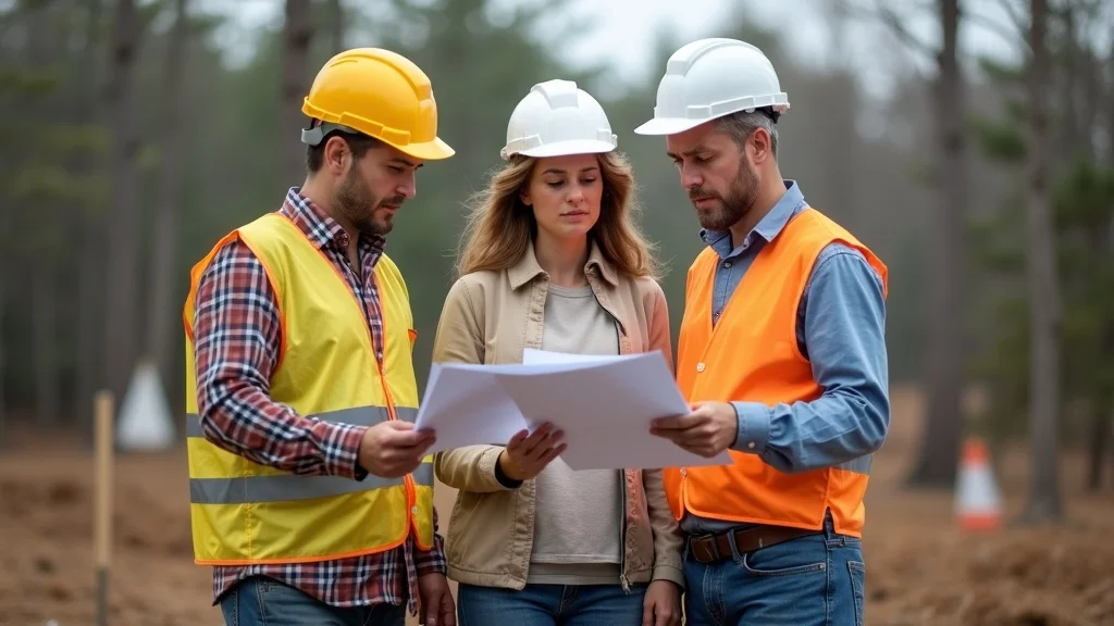 Worried homeowners and builder consulting with a land surveyor, reviewing survey maps at Lakeville property boundary with wooded lot and partially built home