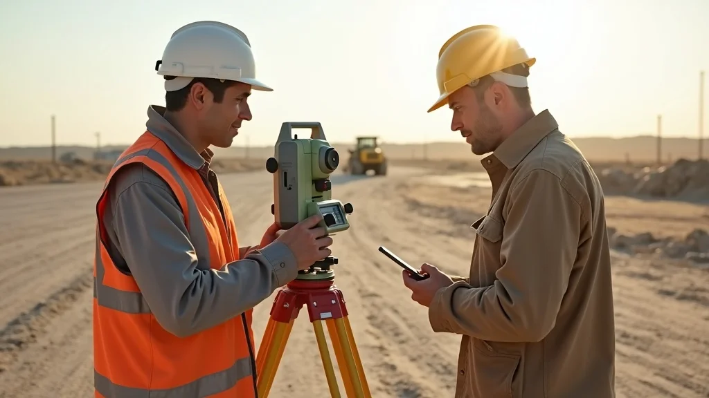 Two construction workers in safety gear use surveying equipment on a dirt road at a construction site, with one adjusting a tripod-mounted device and the other holding a smartphone.