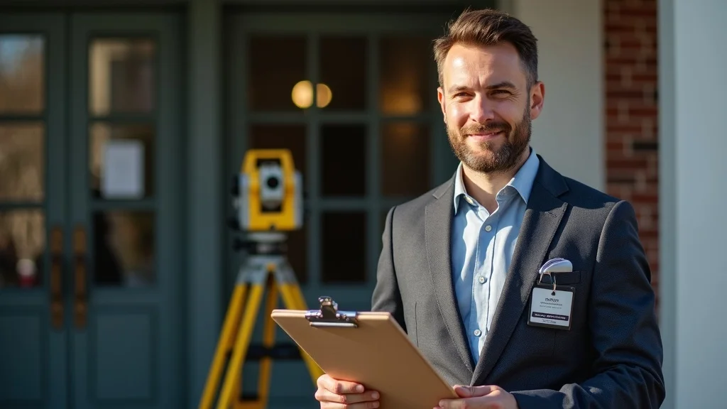 Modern professional land surveyor holding a survey instrument in front of a Lakeville, MA municipal office. Surveying company near me emphasizes licensed MA credentials and local expertise.