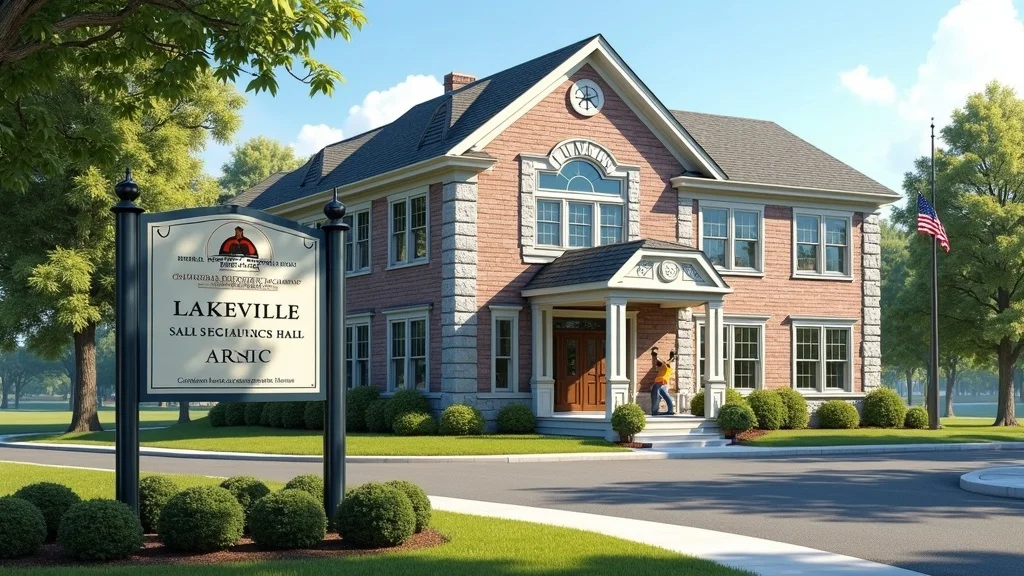 Official Lakeville, MA town hall exterior with regulatory signage and a surveyor working nearby, under diffused sunlight