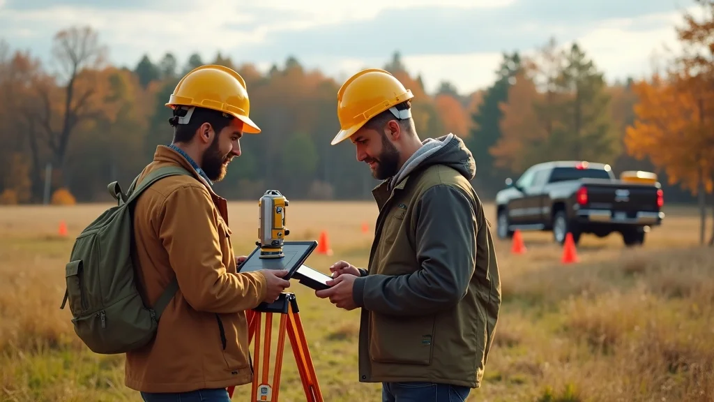 Modern survey team using GPS equipment and tablets on a semi-rural Massachusetts lot. Surveying company near me exemplifies team collaboration, digital accuracy, and local project understanding.