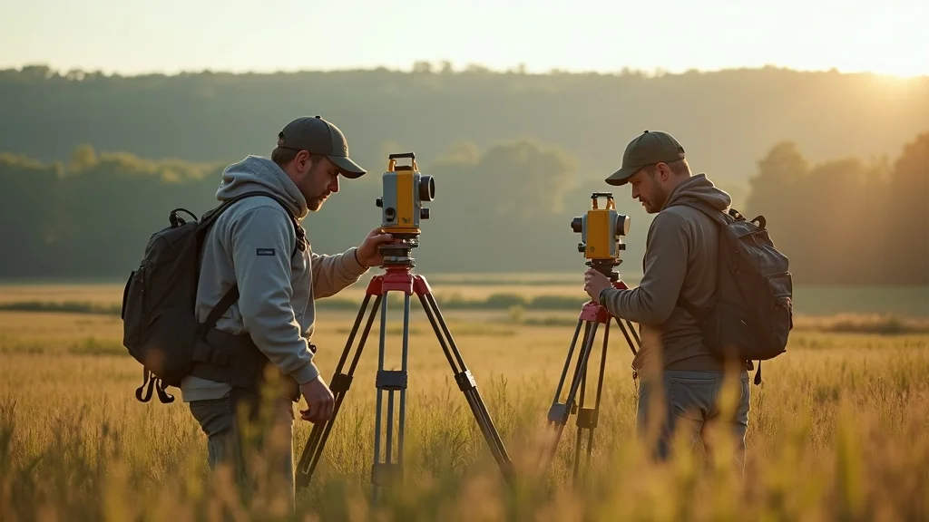 Cutting-edge land survey team using total station and GNSS receiver in Lakeville MA, demonstrating advanced survey equipment accuracy in a rural Massachusetts landscape under soft morning light