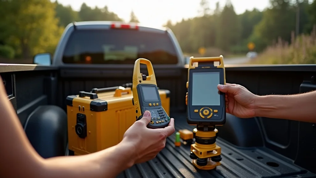 Open survey equipment case with GNSS receiver and data collector, illustrating key survey equipment choices for compliance in Lakeville Massachusetts