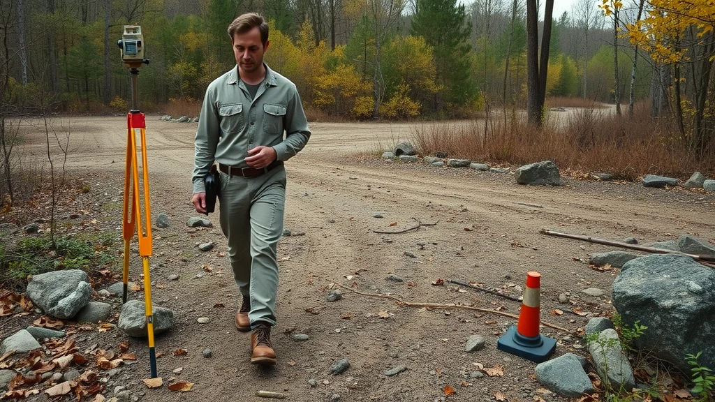 Surveyor navigating difficult Worcester terrain: GPS positioning in woodland with markers and brush.