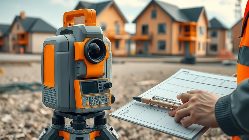Modern land survey equipment Worcester: Close-up of laser tool and clipboard at residential site.