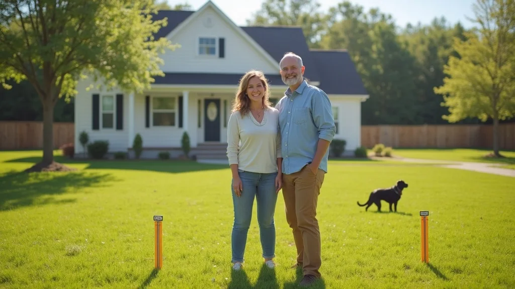 Confident Lakeville, MA real estate developer reviewing staked property survey markers with surveyor, holding rolled survey plans, residential lot with autumn trees, real estate land survey