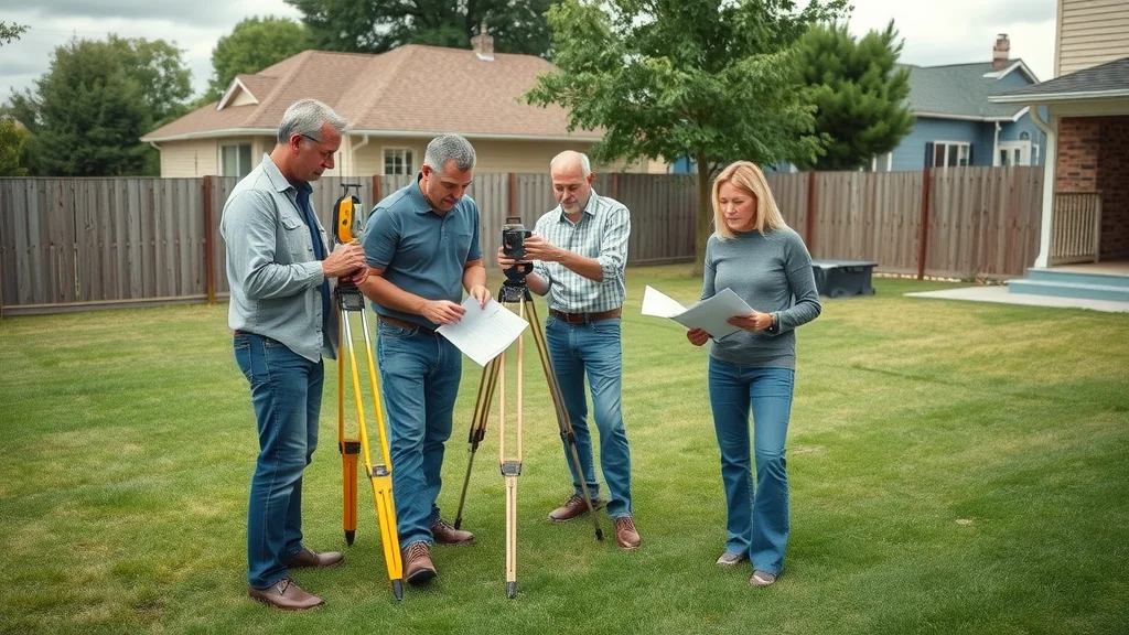 Worcester land survey process: Team of surveyors measuring backyard boundaries with equipment.
