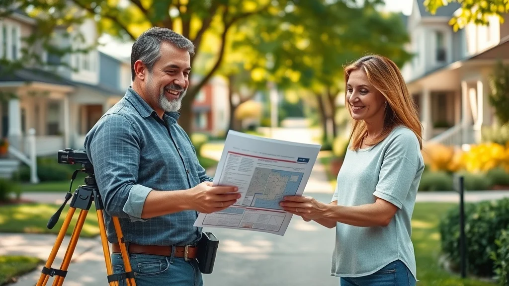 Land surveying services Worcester: Surveyor discusses property boundary with homeowner in leafy Massachusetts neighborhood.