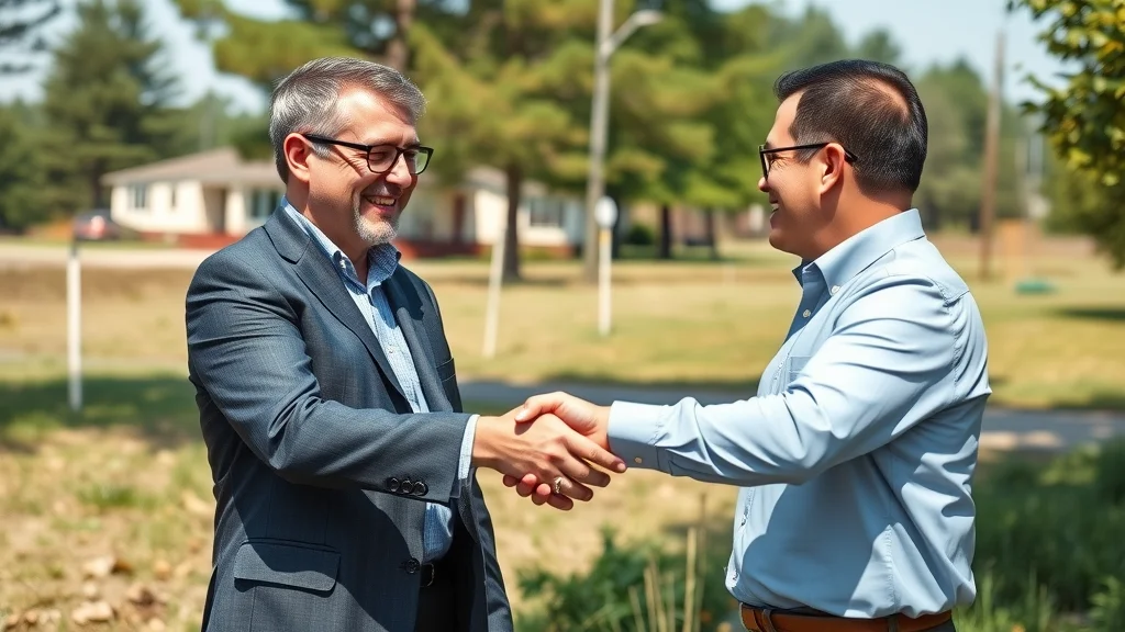 Professional Worcester land surveyor shaking hands with satisfied client, survey markers visible, completed property boundary survey project, photorealistic, wind rustles trees