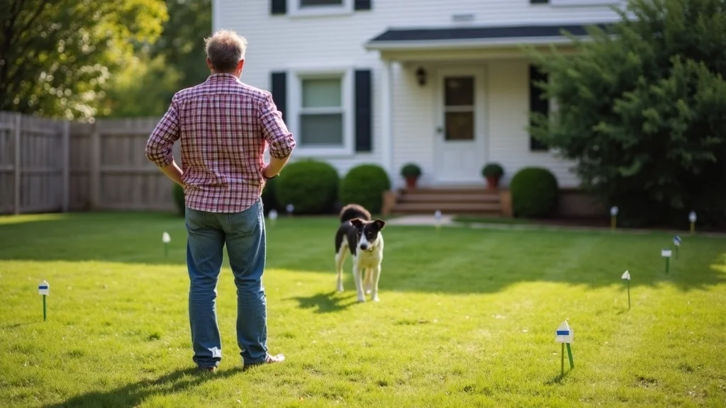 Reassured Lakeville homebuyer standing on lawn with clear boundary markers, property survey visible, green yard with dog and fence, real estate land survey