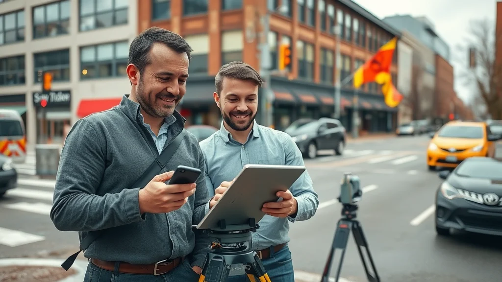 Modern Worcester land survey team reviewing data with survey equipment on street corner