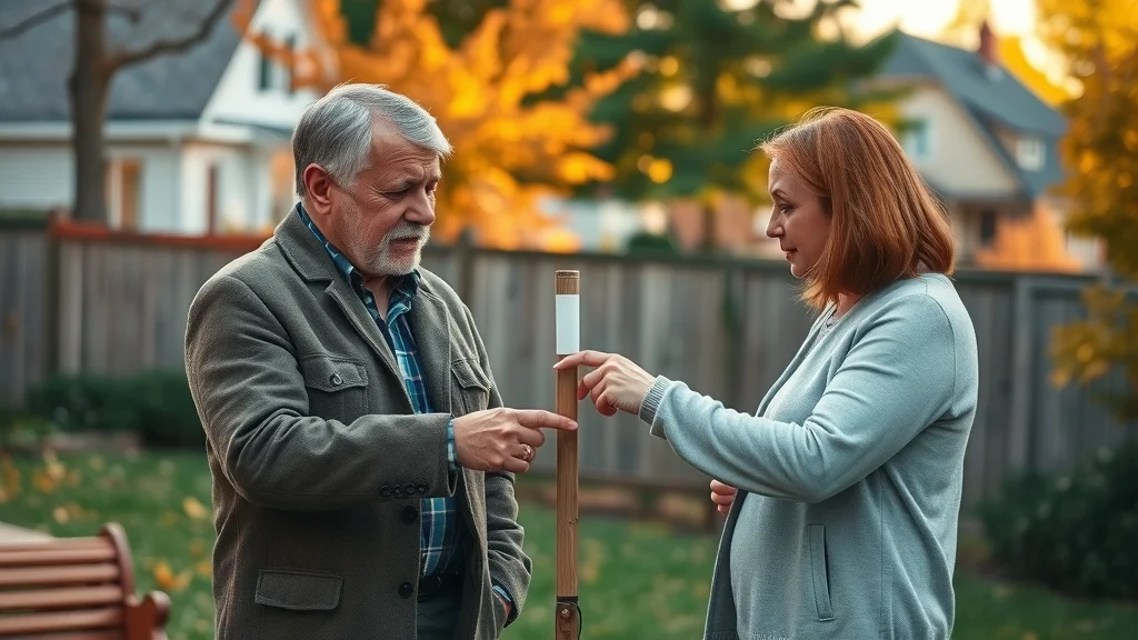 Two neighbors in Worcester examining a property boundary marker, photorealistic, clear property line flag, autumn in Worcester, pleasant discussion, land surveyor context
