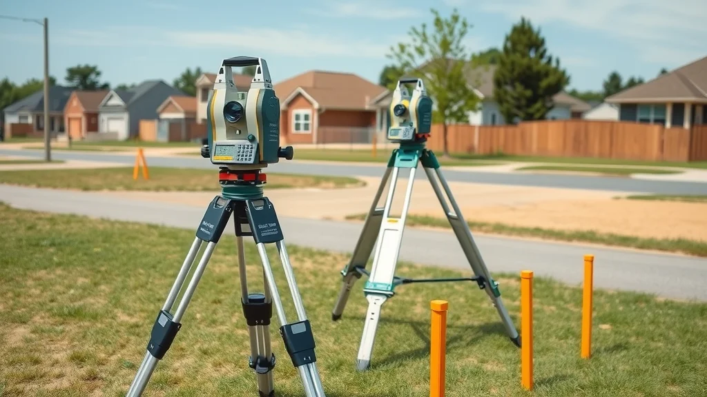 Modern surveying equipment setup on residential land in Worcester, bright markers, total station, open property, property boundary surveys being performed