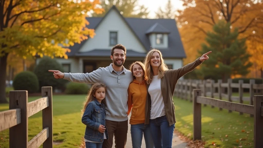 A family of four stands smiling in front of a house on an autumn day. Two adults and a teen point cheerfully ahead, while a young girl in a denim jacket stands at the front, looking at the camera. Trees with fall leaves surround them.