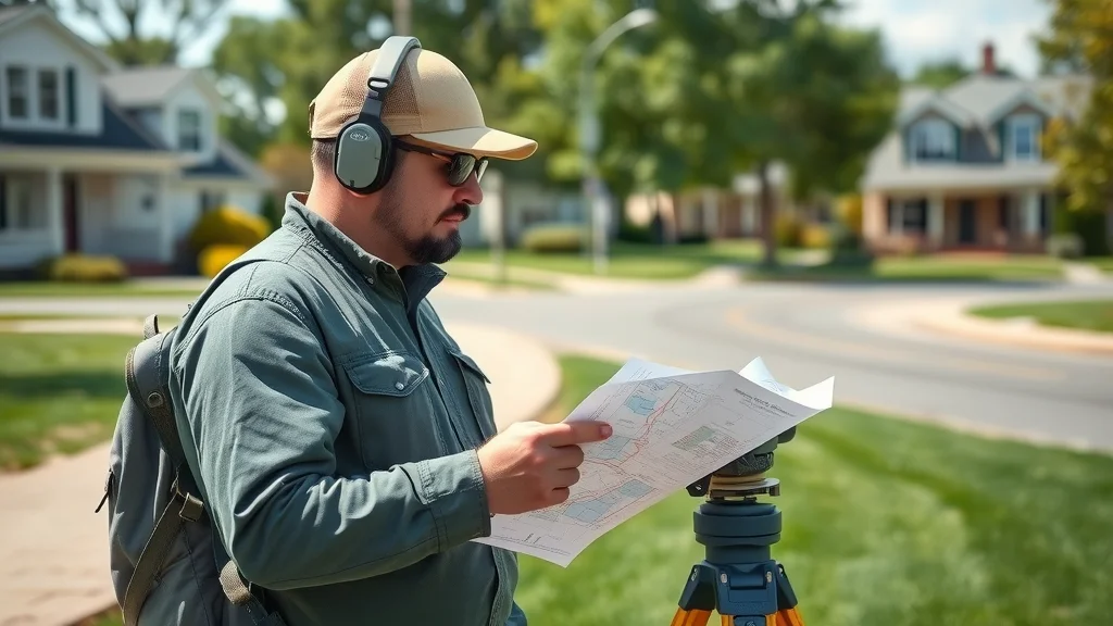 A man wearing headphones, sunglasses, and a cap examines a map outdoors, standing by a tripod in a suburban neighborhood with houses and trees in the background.