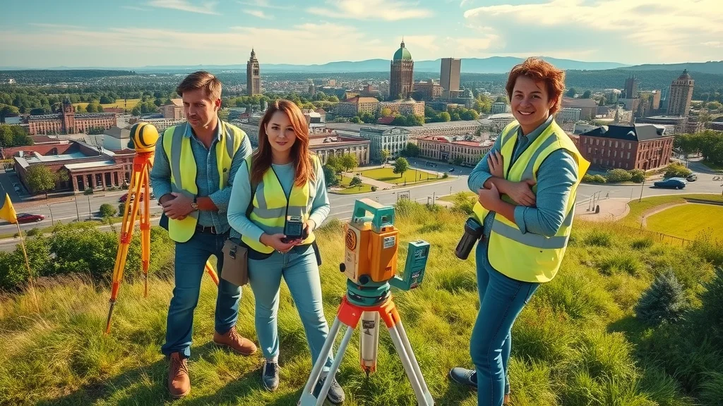Vibrant aerial view of a Worcester cityscape with an active surveying team, surveying equipment, city skyline - topographic surveys Worcester